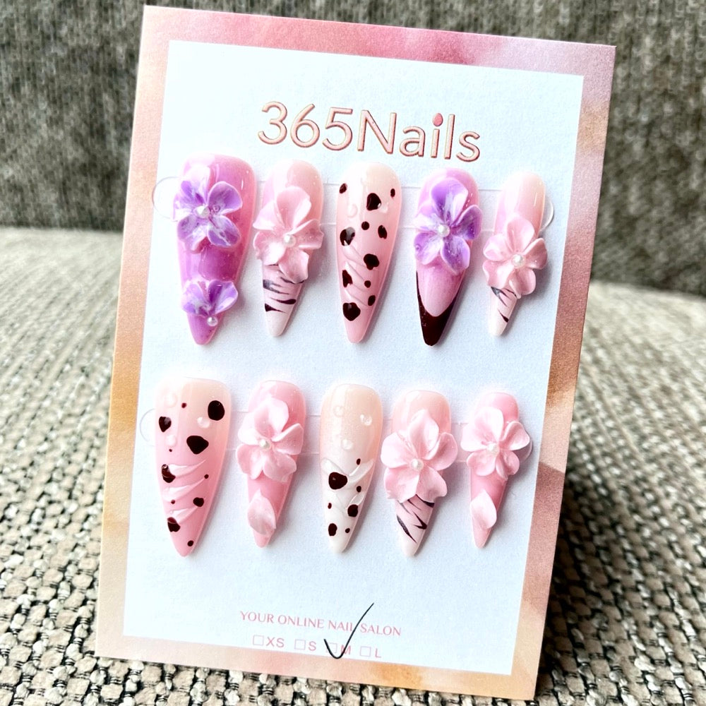 365nails: "달콤한 장난" – 수제 3D 꽃 장식 스틸레토형 네일