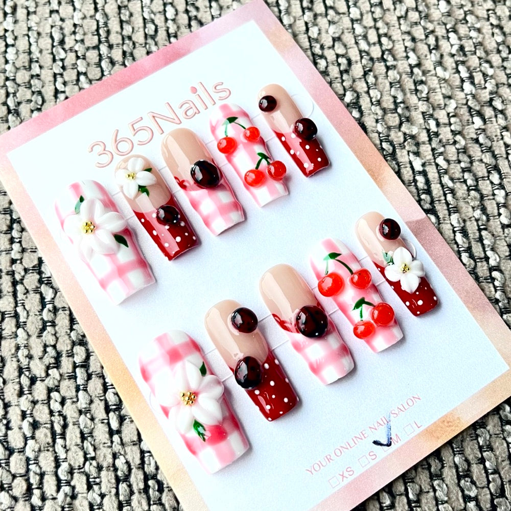 365nails: "Cherry Picnic" – 3D Fruit & Floral Handmade Short Nails