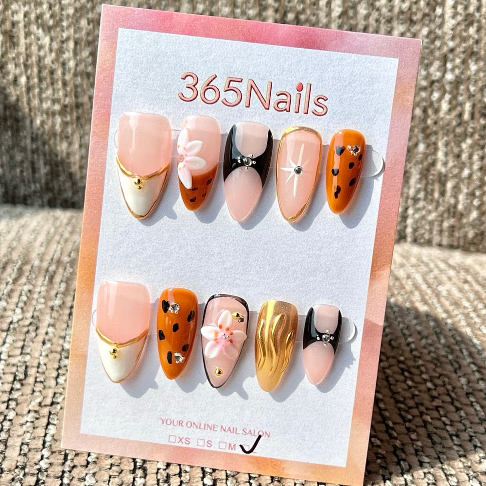 365nails: "Nude Brown Flower Leopard Mix" – Handmade Medium Stiletto Press-On Nails