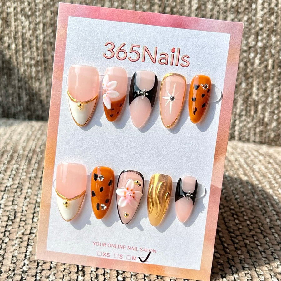 365nails: 누드 브라운 꽃·호피 믹스 수제 미디엄 스틸레토형 프레스온 네일