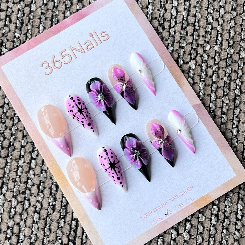 Purple 3D Floral Stiletto Press-On Nails