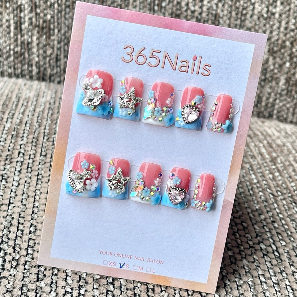 365nails: "핑크 블루 그라데이션 꽃 별 하트 라인스톤" – 카와이 3D 참 수제 미디엄 스퀘어 네일