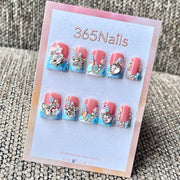 365nails: "핑크 블루 그라데이션 꽃 별 하트 라인스톤" – 카와이 3D 참 수제 미디엄 스퀘어 네일