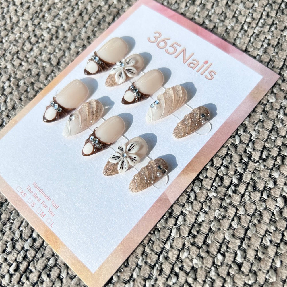 Handmade "Mocha Latte" 3D Floral Press-on Nails | Gold Glitter & Textured French | Almond | 10pcs Set