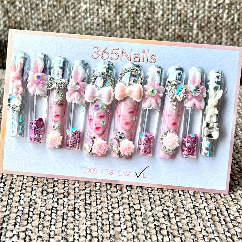 365nails: "Pink Holographic Bunny" – Handmade Floral Liquid Motion Press-On Long Pipe Nails-5.5cm