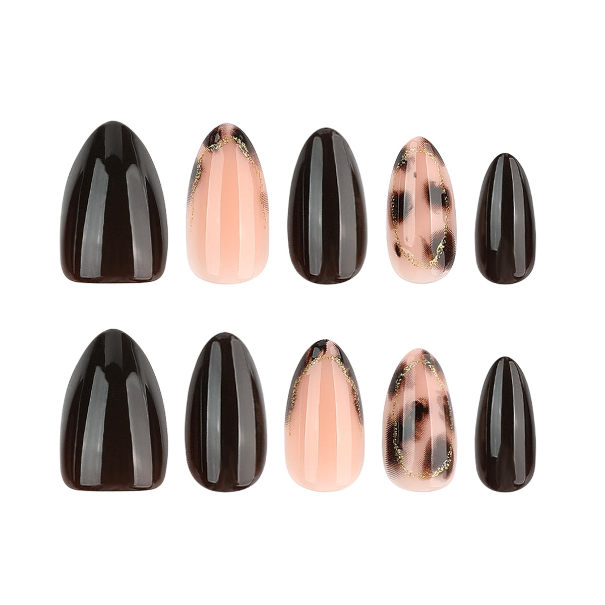 Ten pieces of almond press-on nails displayed in two rows showing solid dark brown, leopard french tip, and leopard framed