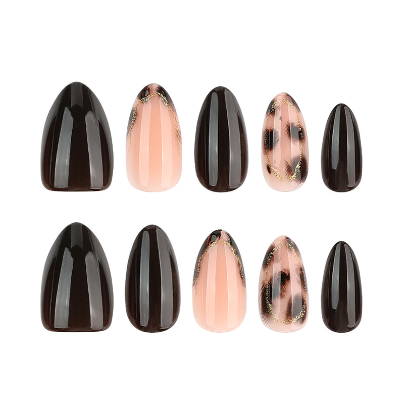 Ten pieces of almond press-on nails displayed in two rows showing solid dark brown, leopard french tip, and leopard framed