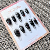 Femme Fatale: "Venom Heart" – Clear Black Airbrush with 3D Liquid Symbiote Texture & Red Gemstone Long Stiletto Nails