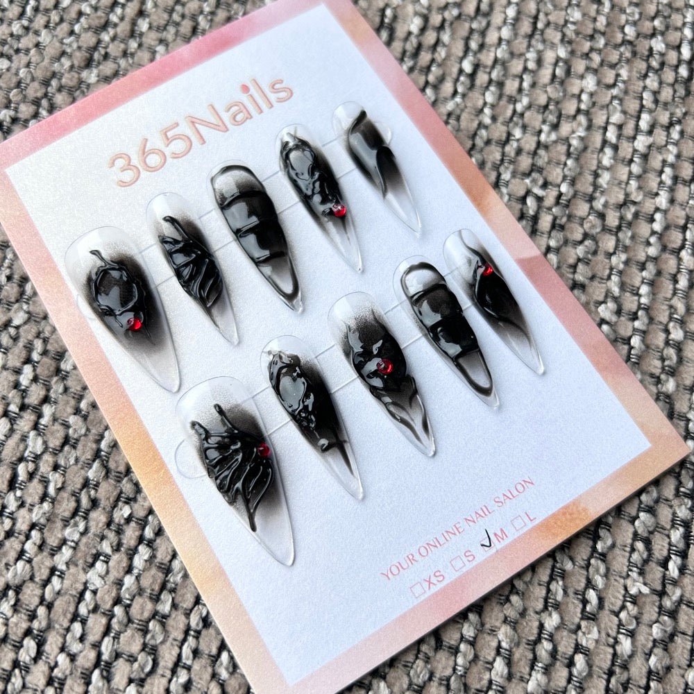 Femme Fatale: "Venom Heart" – Clear Black Airbrush with 3D Liquid Symbiote Texture & Red Gemstone Long Stiletto Nails