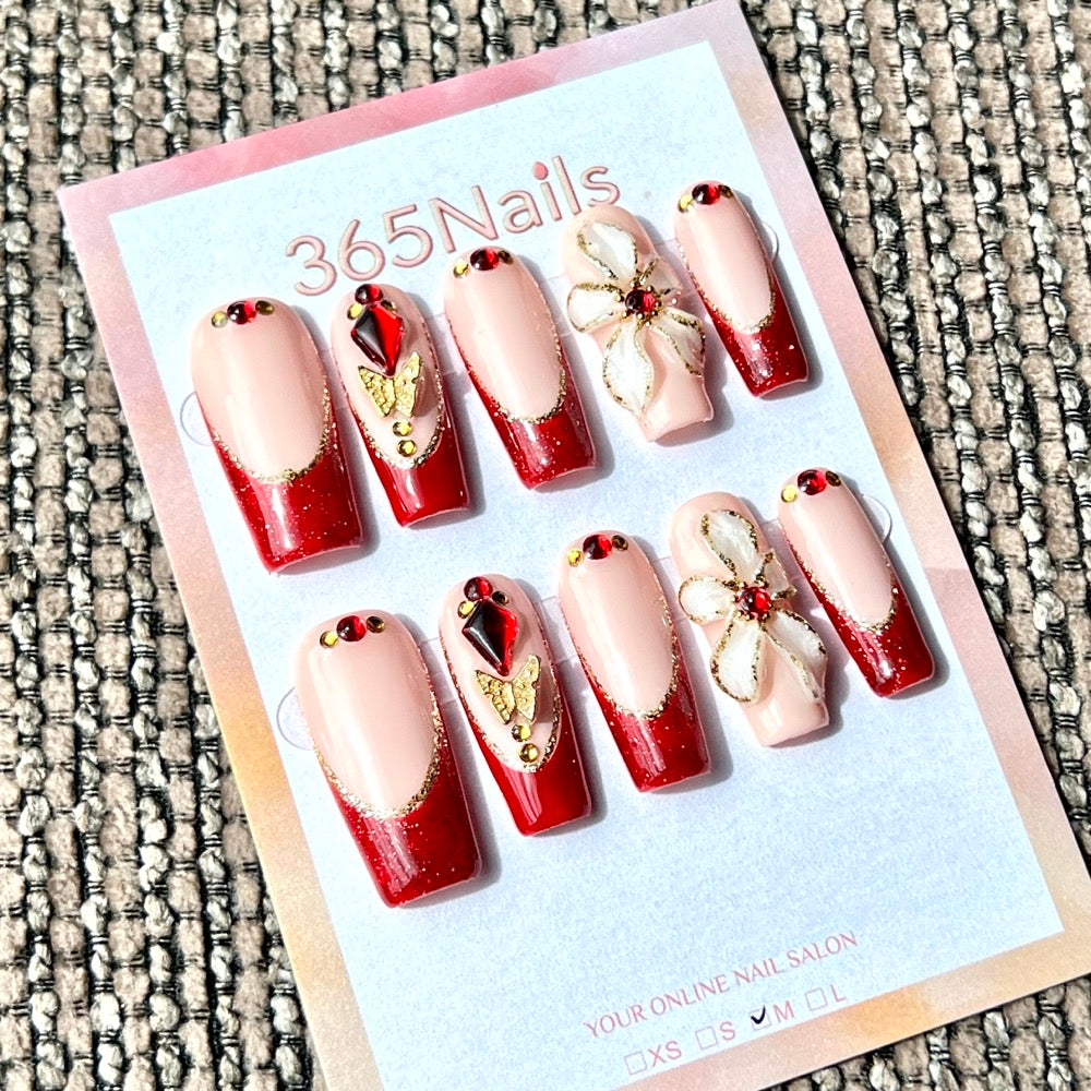 365nails: "Red French Floral Glam" – Handmade Medium Square Press-On Nails