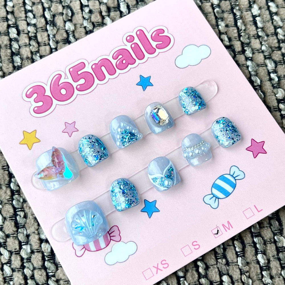 365nails: "Ocean's Whisper" – 3D Shell & Glitter Handmade Short Square Nails