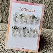 365nails: "Dark Vine Cross Piercing Punk" – 3D Metal Piercing Charm Handmade Medium Stiletto Nails