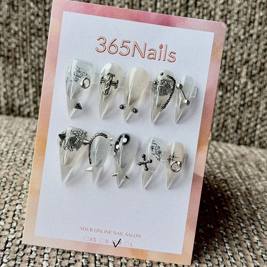 365nails: "Dark Vine Cross Piercing Punk" – 3D Metal Piercing Charm Handmade Medium Stiletto Nails