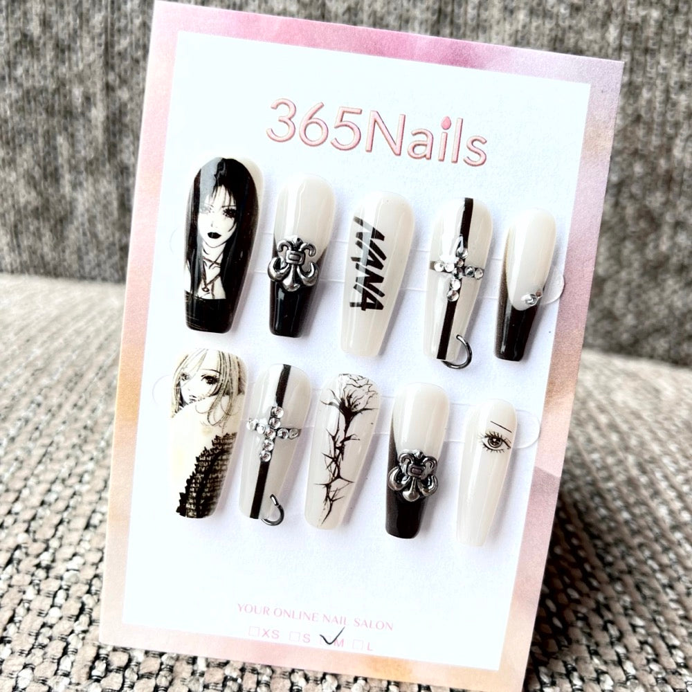 365nails: "NANA Anime Black White" – Handmade Medium Trapezoid Press-On Nails