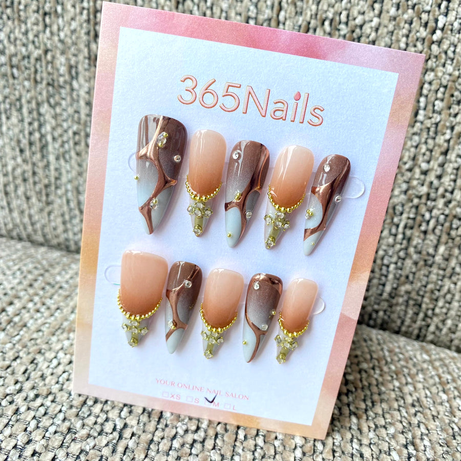 365nails - 샴페인 펄 & 크리스탈 악센트 수제 프레스온 네일