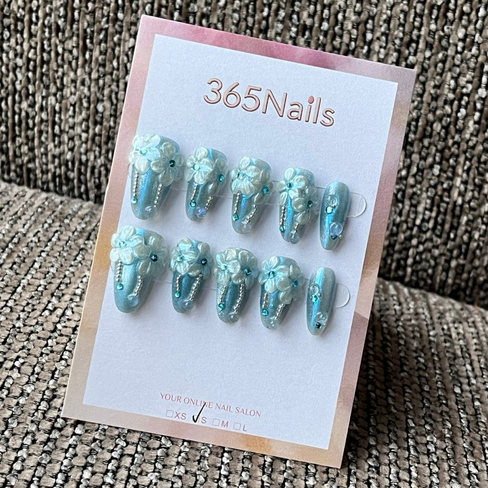 Light Blue 3D Flower & Rhinestone Press-On Nails