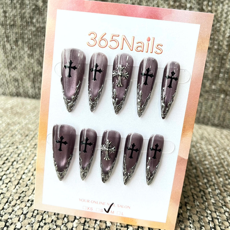 Gothic Cross: "Noir Devotion" – Long Stiletto Press-on Nails