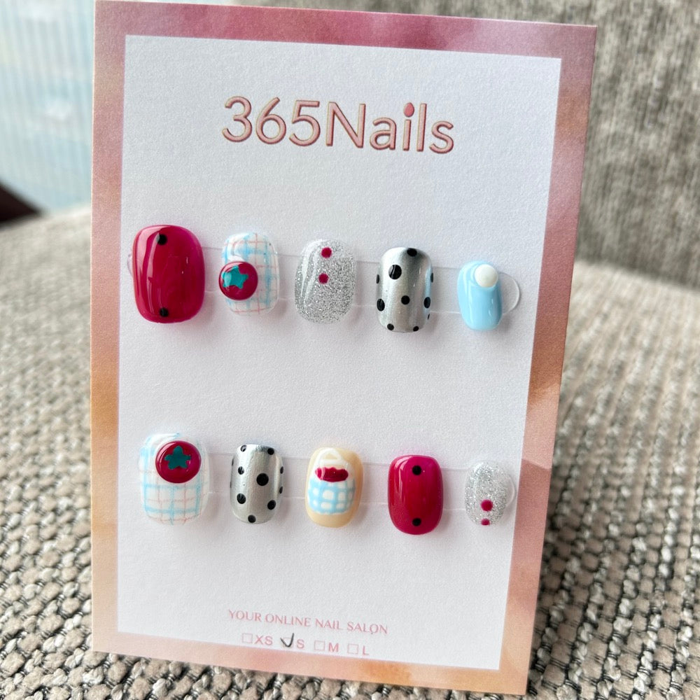 Cartoon & Dopamine: "Berry Silver Picnic" – 3D Cherry, Silver Polka Dots, Glitter & Plaid Short Nails