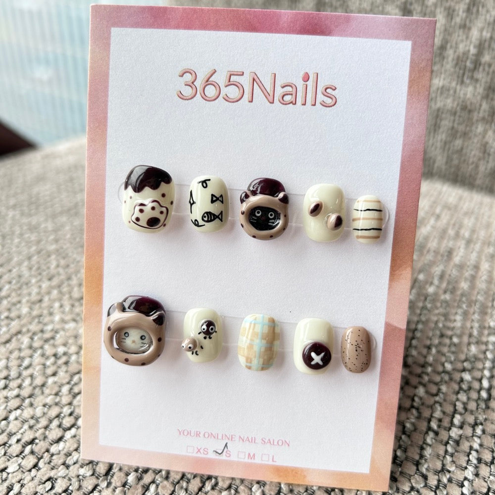 Cartoon & Dopamine: "Cozy Mocha Cafe" – 3D Cat Hoods, Coffee Beans, Buttons & Plaid Short Nails