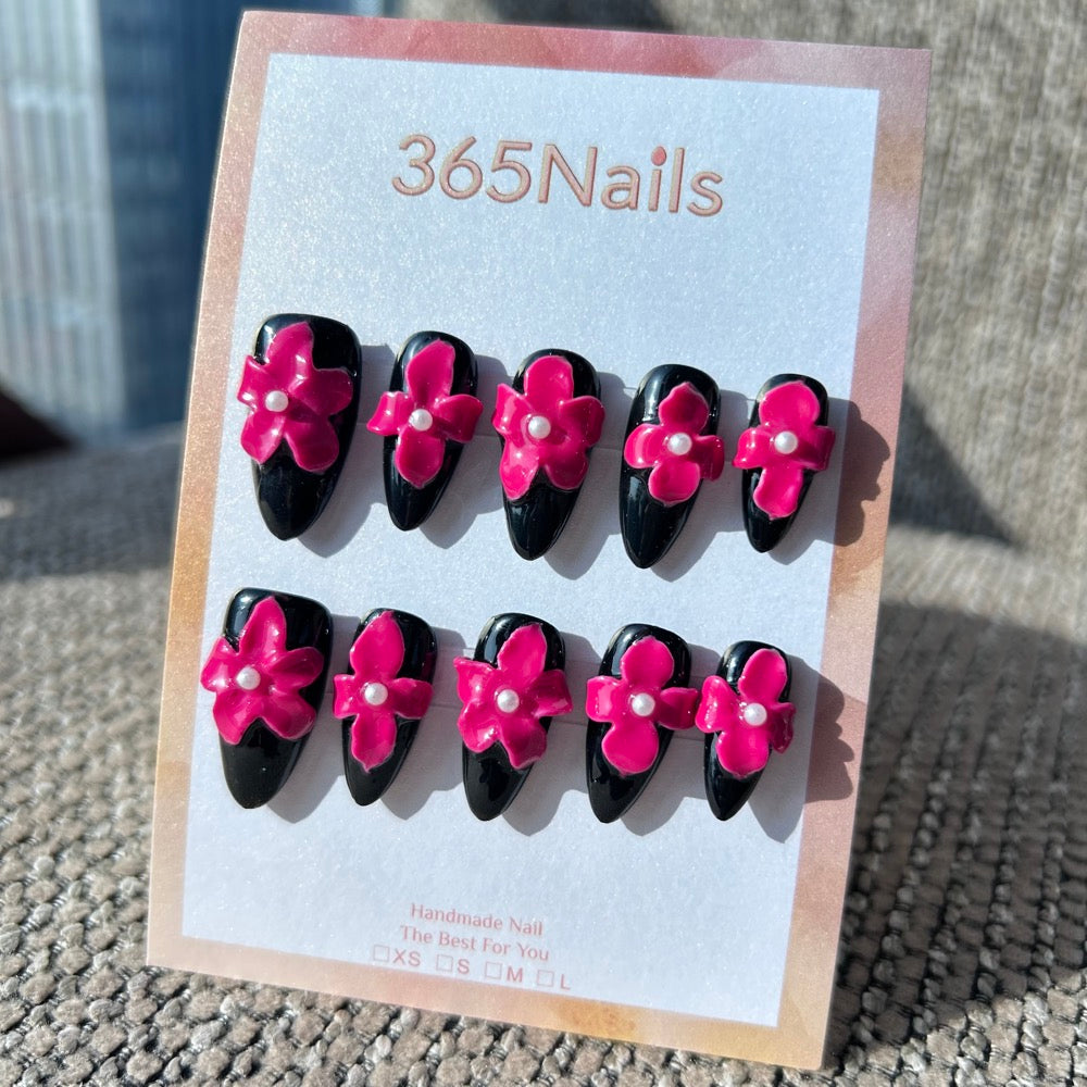 Sculpted Flora: "Midnight Magenta Bloom" – Full Set 3D Hot Pink Flowers on Black Stiletto Nails