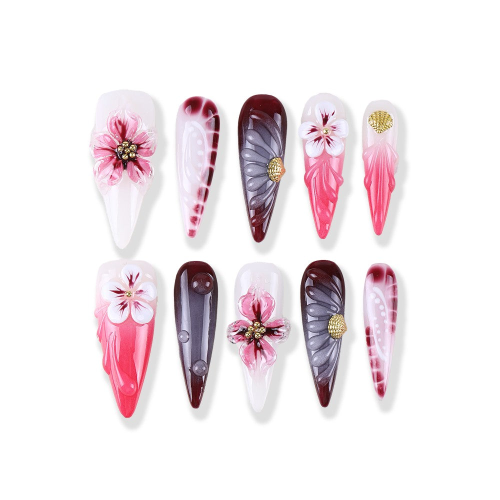 Wine red pink gray 3D carved long pointed gold jewelry luxury press on nail