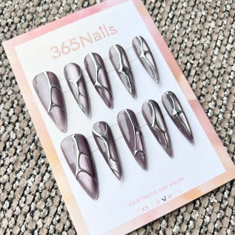 Femme Fatale: "Cyber Mercury" – Dusty Purple Cat Eye with 3D Liquid Silver Chrome Lines Long Stiletto Nails