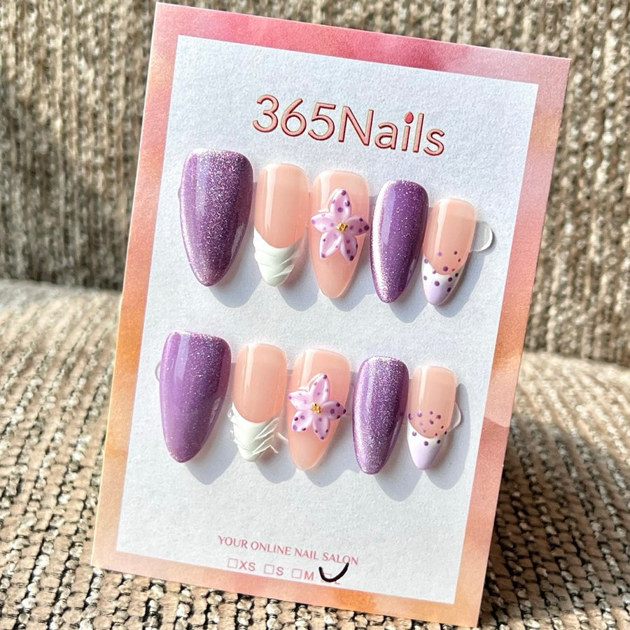 365nails: "Glitter Purple Lily Polka Dot" – 3D Flower Handmade Medium Stiletto Press-On Nails