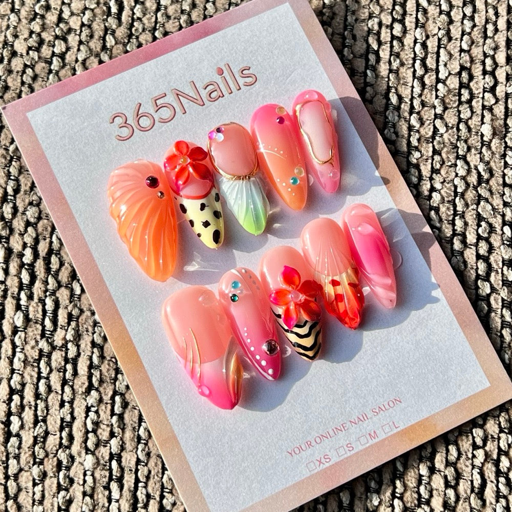 365nails: 트로피컬 선셋 – 수제 미디엄 아몬드형 프레스온 네일