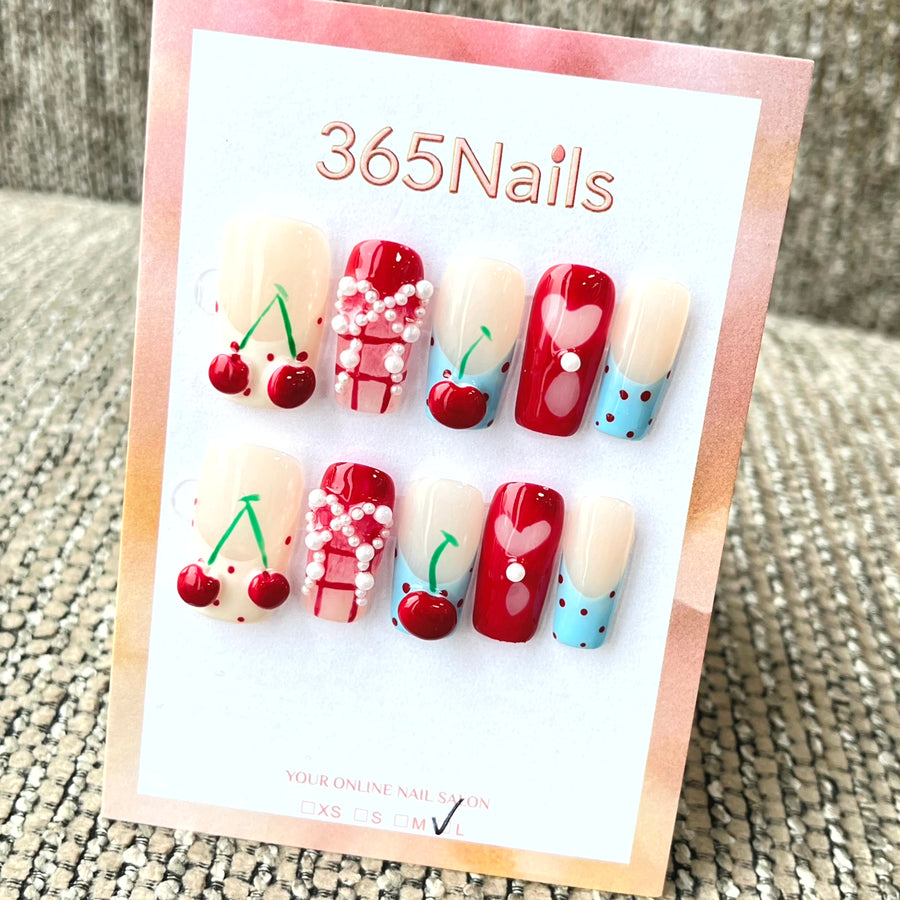 365nails: "Cherry Crush" – 3D Cherry & Plaid Handmade Short Square Nails