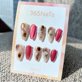 Ethereal Ink: "Crimson Amber" – Berry Red Cat Eye & Milky Amber Marble with Gold Foil & Liquid Metal Almond Nails