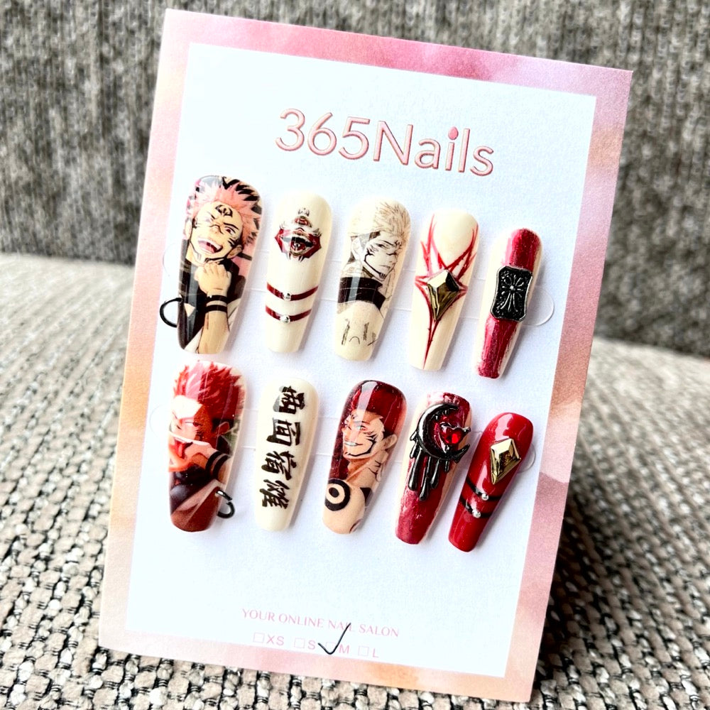 365nails: "Sukuna Anime Red Black" – Handmade Medium Trapezoid Press-On Nails