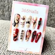 365nails: "Sukuna Anime Red Black" – Handmade Medium Trapezoid Press-On Nails