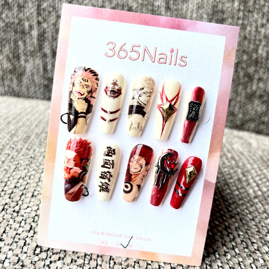 365nails: "Sukuna Anime Red Black" – 수제 미디엄 사다리꼴형 프레스온 네일