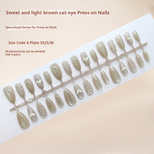 Nail Tips  prefabricated nail light brown three-dimensional plaid bow cat eye gentle white  removable manicure 30 pieces｜365nails