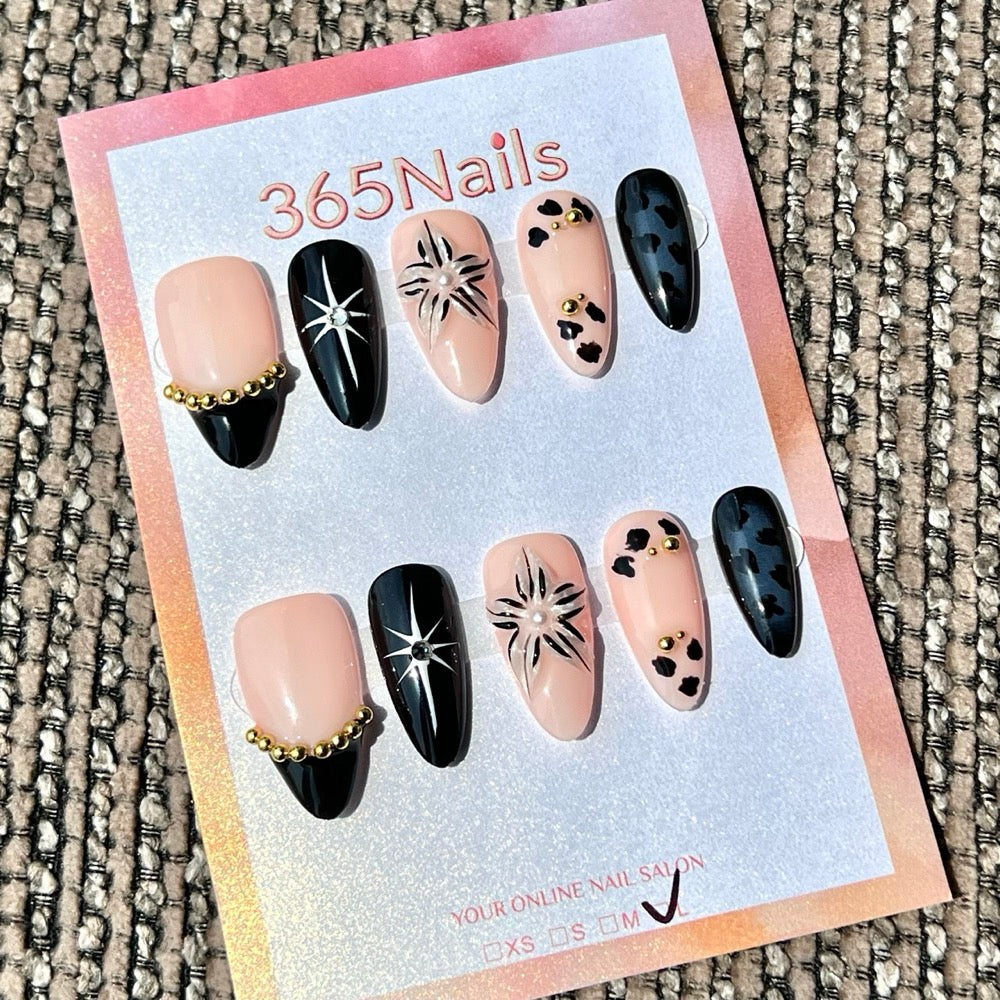 365nails: "Nude Black Cow Print Star Mix" – Handmade Medium Stiletto Press-On Nails
