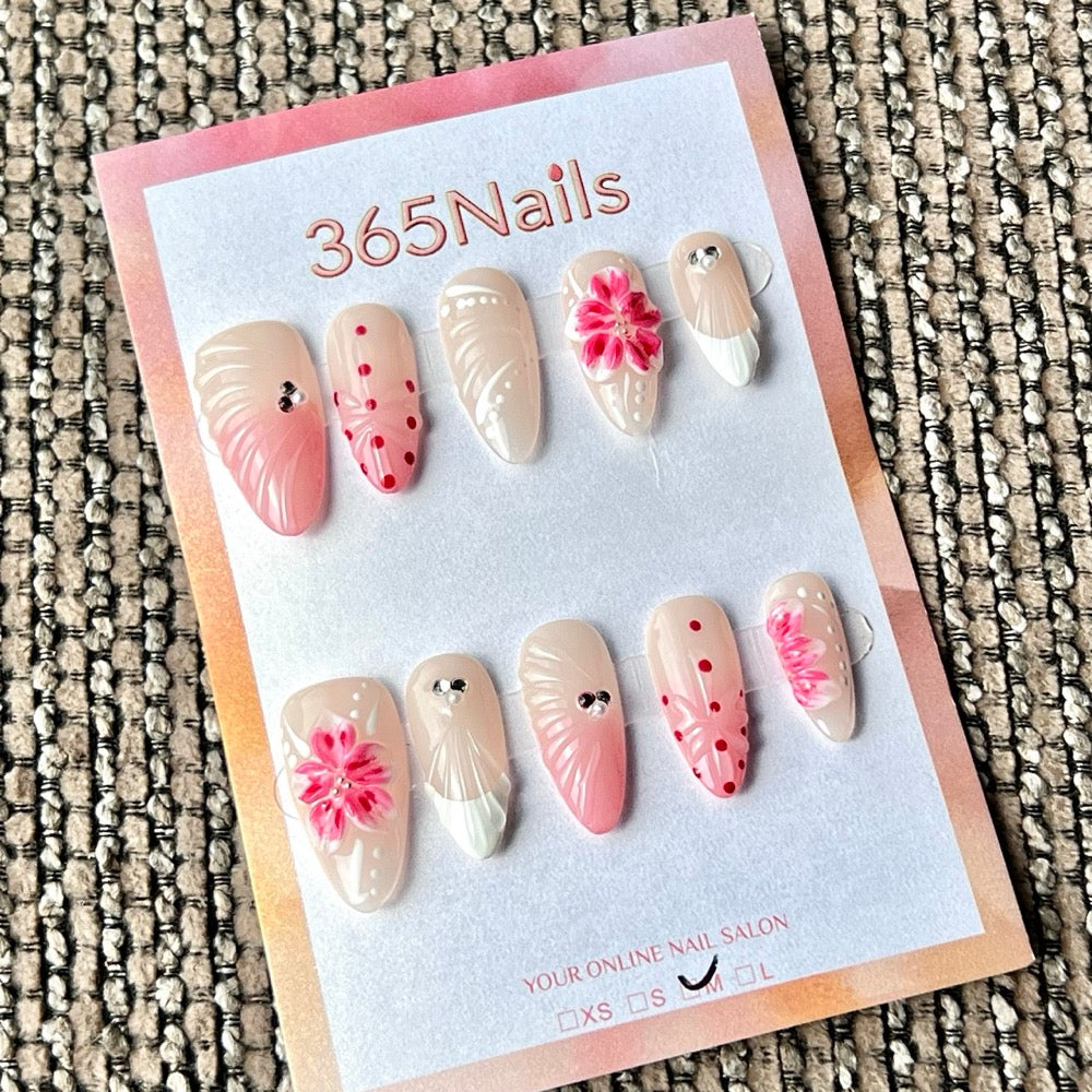 365nails: "Pale Pink Cherry Blossom 3D Wave Mix" – Handmade Medium Stiletto Press-On Nails