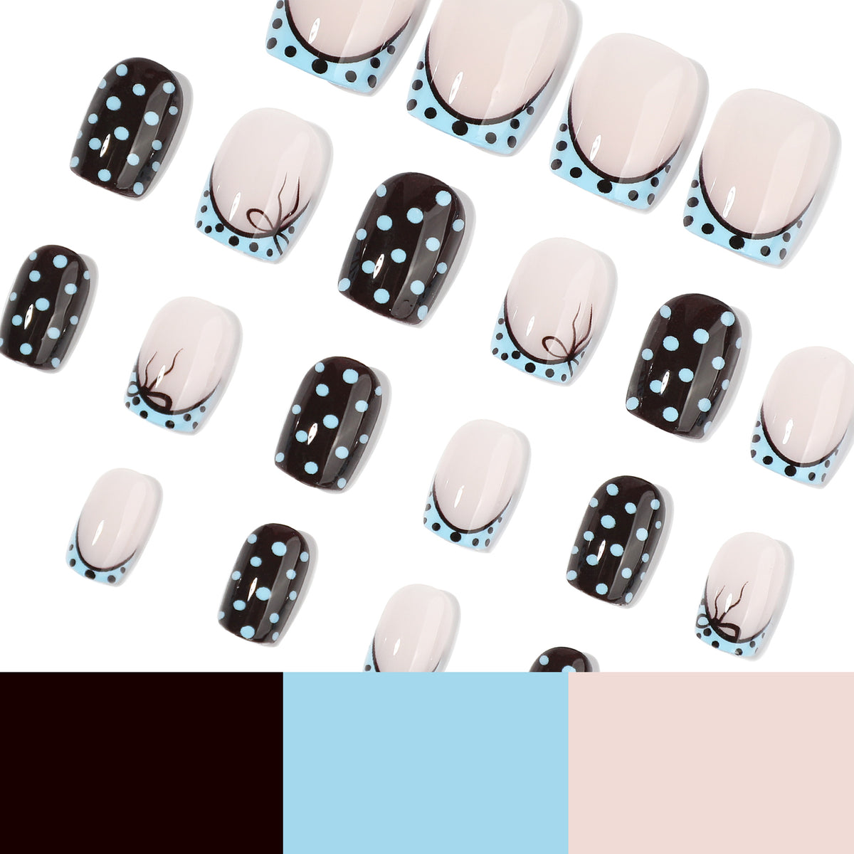 Scattered black and nude square press-on nails with blue polka dots and a color swatch strip