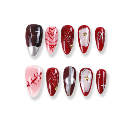 365Nails Gothic Sweet Red Press-On Nails with Metallic Lines, Stars and 3D Hearts