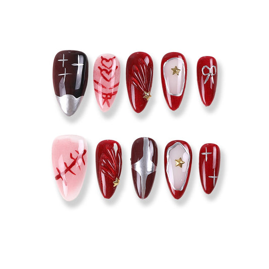 365Nails Gothic Sweet Red Press-On Nails with Metallic Lines, Stars and 3D Hearts