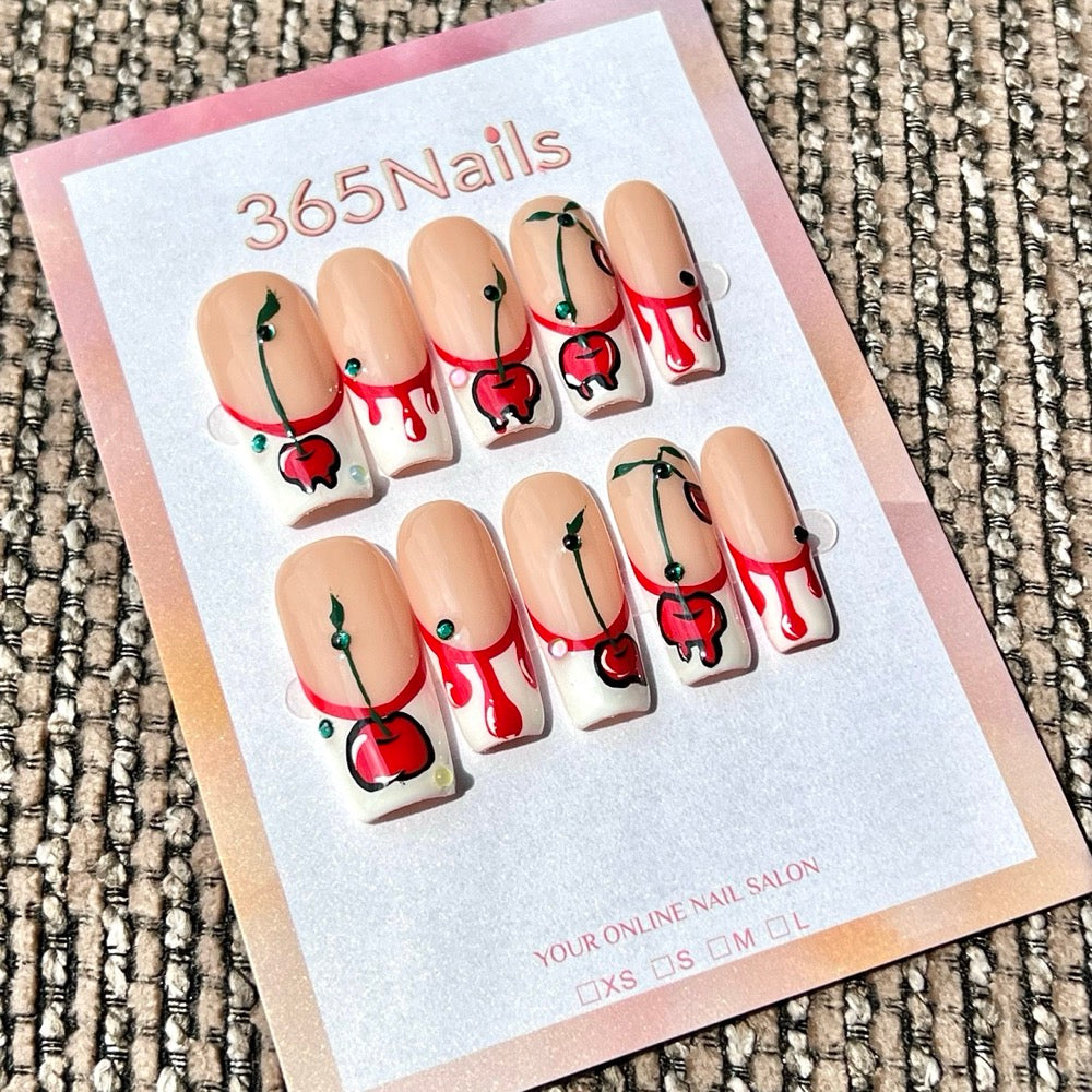 365nails: "Cherry Drip French" – Handmade Long Square Press On Nails