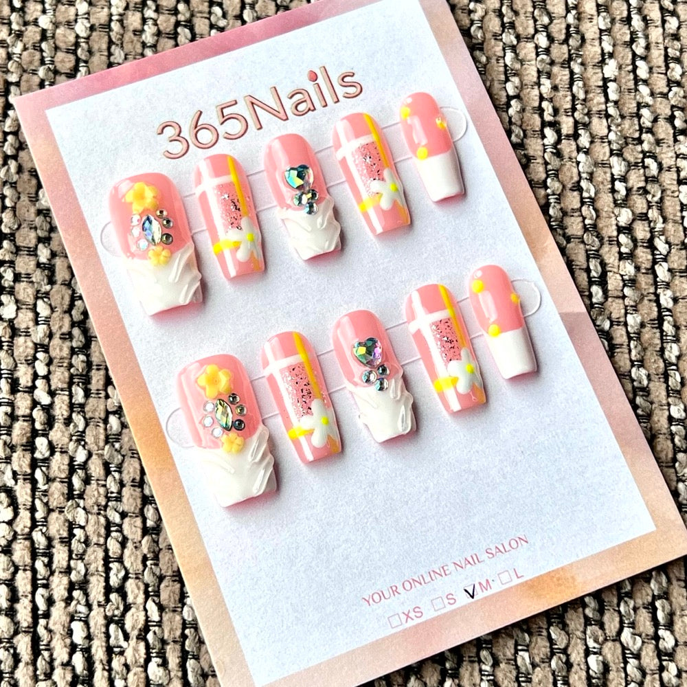 "Pink White French Yellow Flower Crystal" - Wholesale Ultra-Soft Flexible Fit Handmade Nails (MOQ=100)