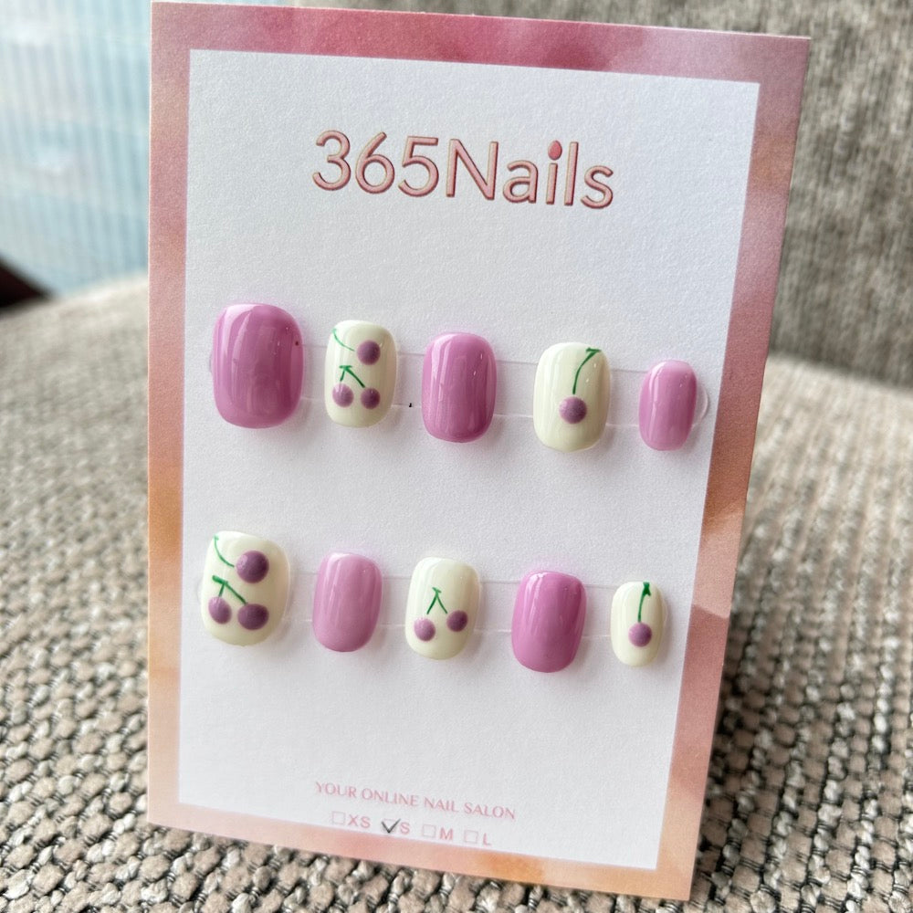 Cartoon & Dopamine: "Lilac Cream Cherry" – Hand-Painted Purple Cherry & Taro Milk Short Nails