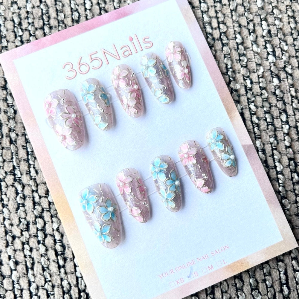 365nails: "Enchanted Bloom" – 3D Floral Handmade Short Square Nails