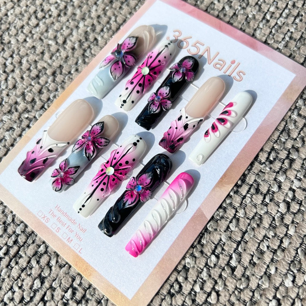 Handmade Y2K "Sweet & Spicy" 3D Floral Press-on Nails | Hot Pink & Black Airbrush Starburst | Long Coffin | 10pcs Set
