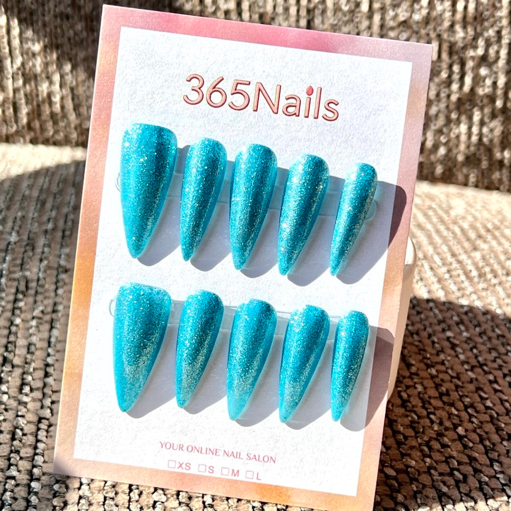"Sparkling Aqua Blue" - Glitter Handmade Nails (3 Shapes Available)