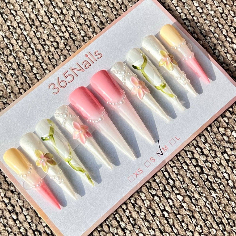 365nails: "Pink White Flower Vine Pearl Long" – Handmade Long Stiletto Press-On Nails