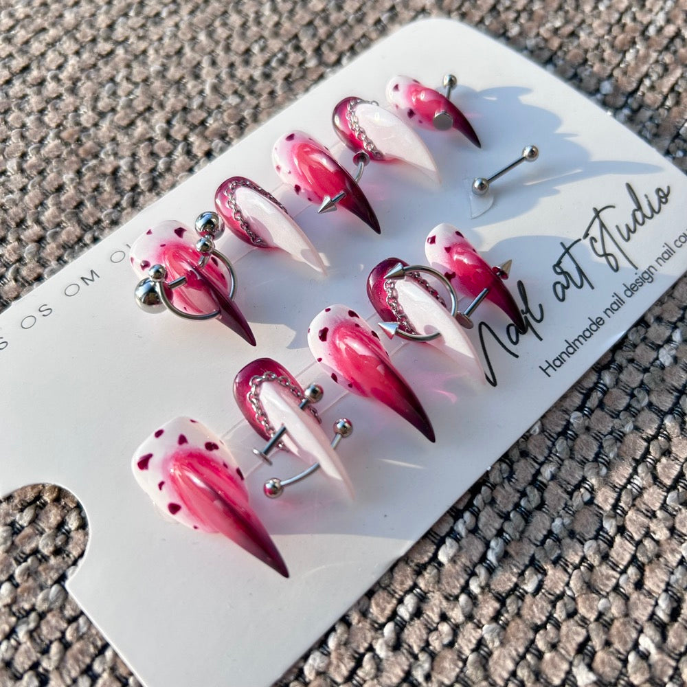 Dark Sweetheart Chain Press On Nails｜Burgundy  Stiletto with Hearts & Piercings