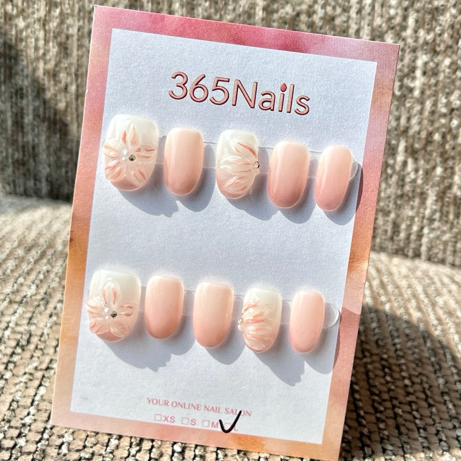 365nails：「柔粉櫻花」—3D 手工製立體花朵 短款 橢圓形 穿戴甲