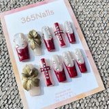 Sculpted Flora: "Gothic Royalty" – 3D Metallic Olive Floral & Deep Red French Long Square Nails with Crystal Cross