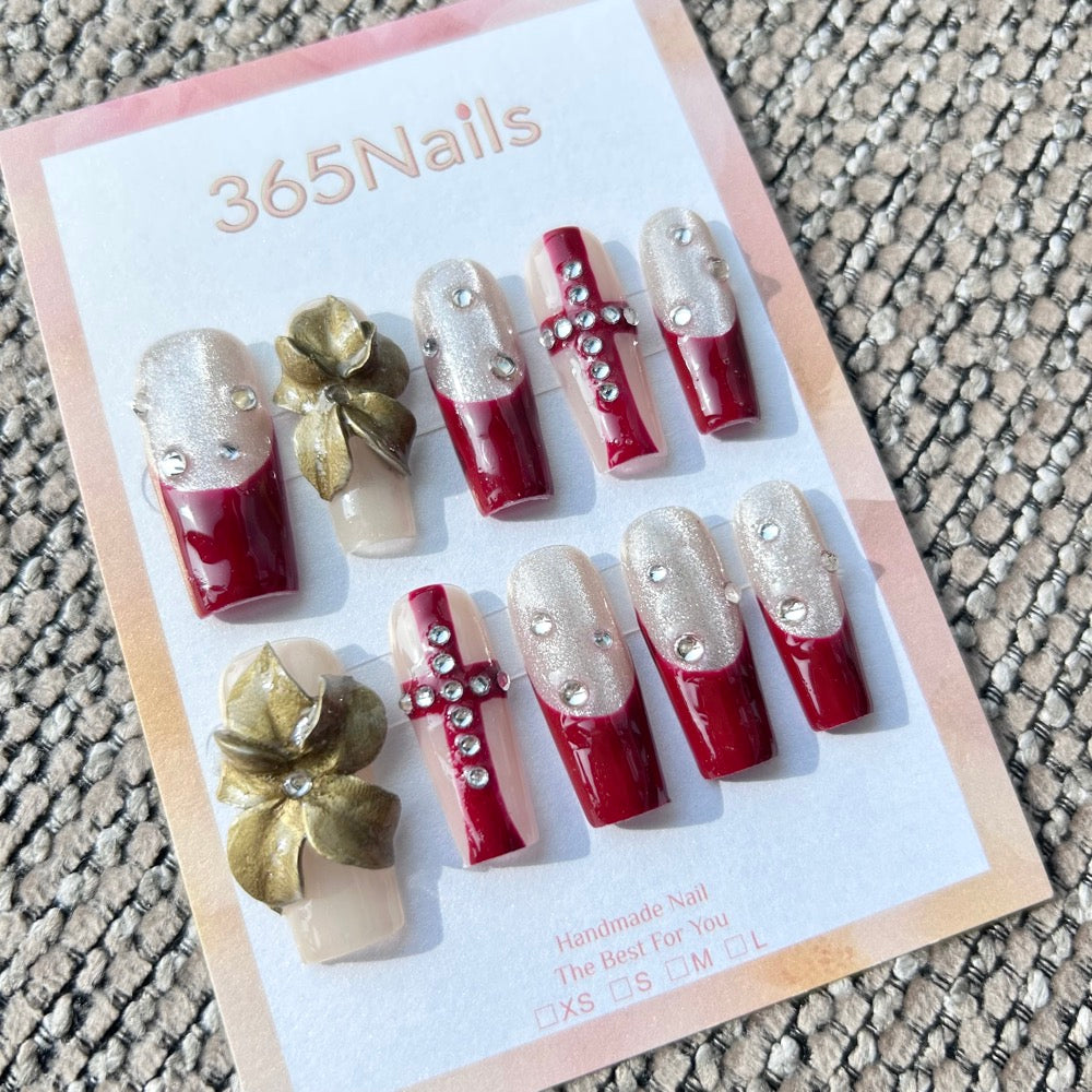 Sculpted Flora: "Gothic Royalty" – 3D Metallic Olive Floral & Deep Red French Long Square Nails with Crystal Cross